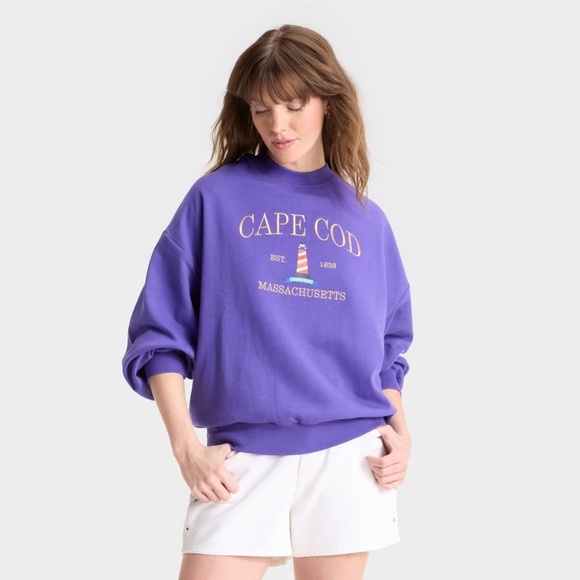 Speacial Thanks Tops - Brand New Cape Cod Graphic Sweatshirt - Purple Oversized Embroidered Print